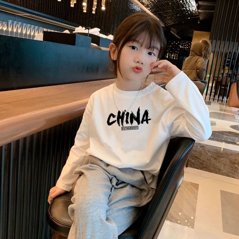 100%纯棉儿童长袖打底衫春秋休闲t恤女宝宝白色上衣2024年t血圆领