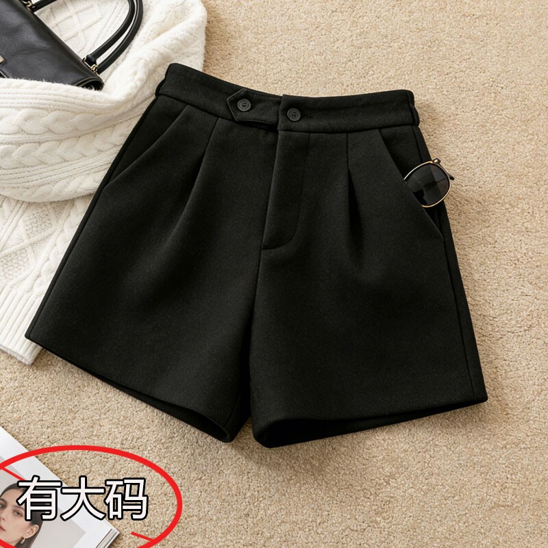 气质复古风黑色毛呢短裤女春秋爆款大码宽松显瘦A字休闲阔腿靴裤