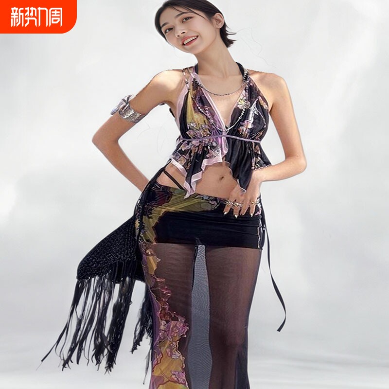 跨境欧美超仙印花露背挂脖吊带渲染网纱包臀裙海岛温泉度假比基尼