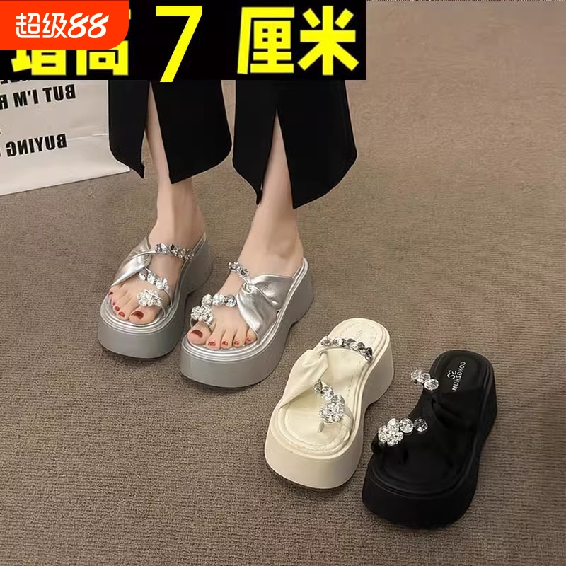 松糕厚底增高凉拖鞋女夏外穿2025新款配裙子时尚套趾水钻高跟凉鞋