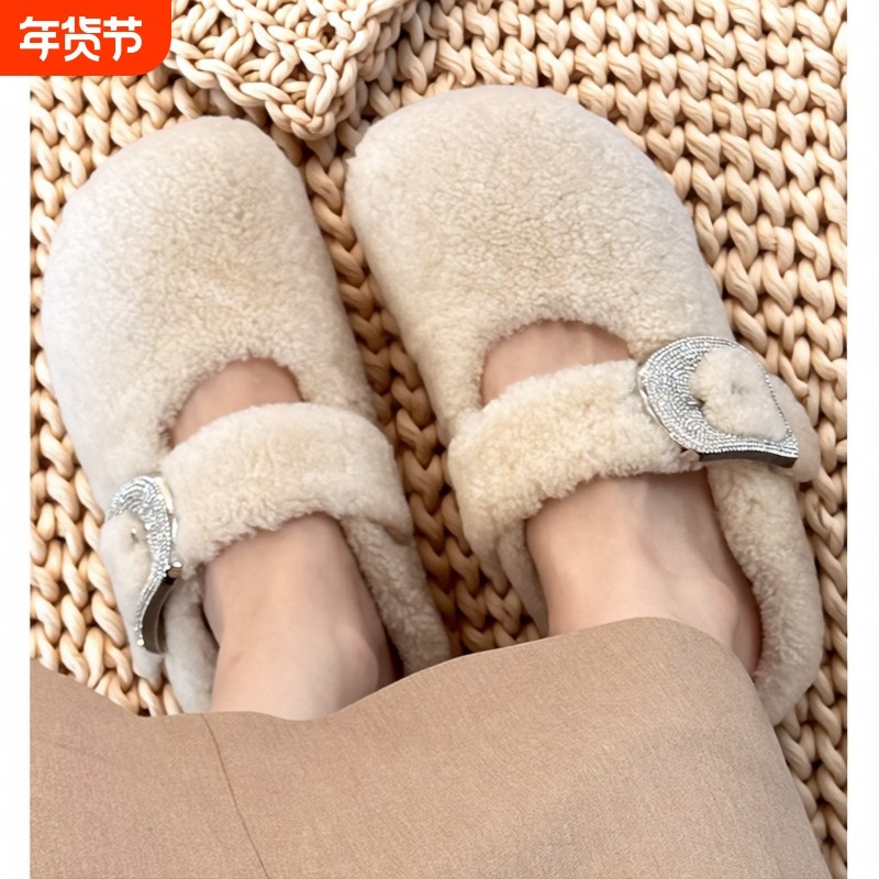 周也同款白色爆款包头羊羔毛毛拖鞋女外穿加绒棉鞋水钻勃肯鞋平底,女鞋,毛毛鞋,淘宝优惠券,粉丝福利购,淘宝优惠卷