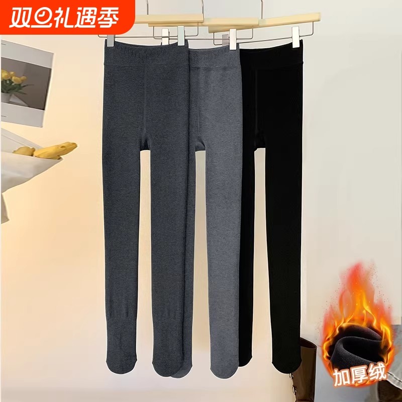 加绒加厚灰色打底裤女2025新款秋冬大码胖mm棉裤连脚裤袜外穿冬