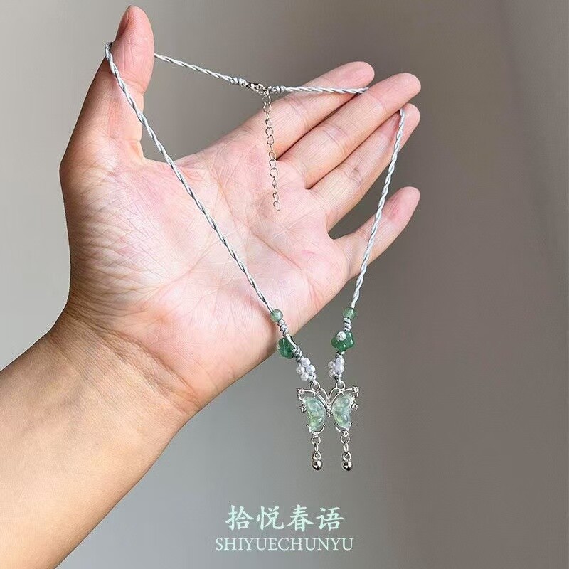 「衔春」新中式绿色蝴蝶编绳项链女国风小众设计感温柔锁骨链足银