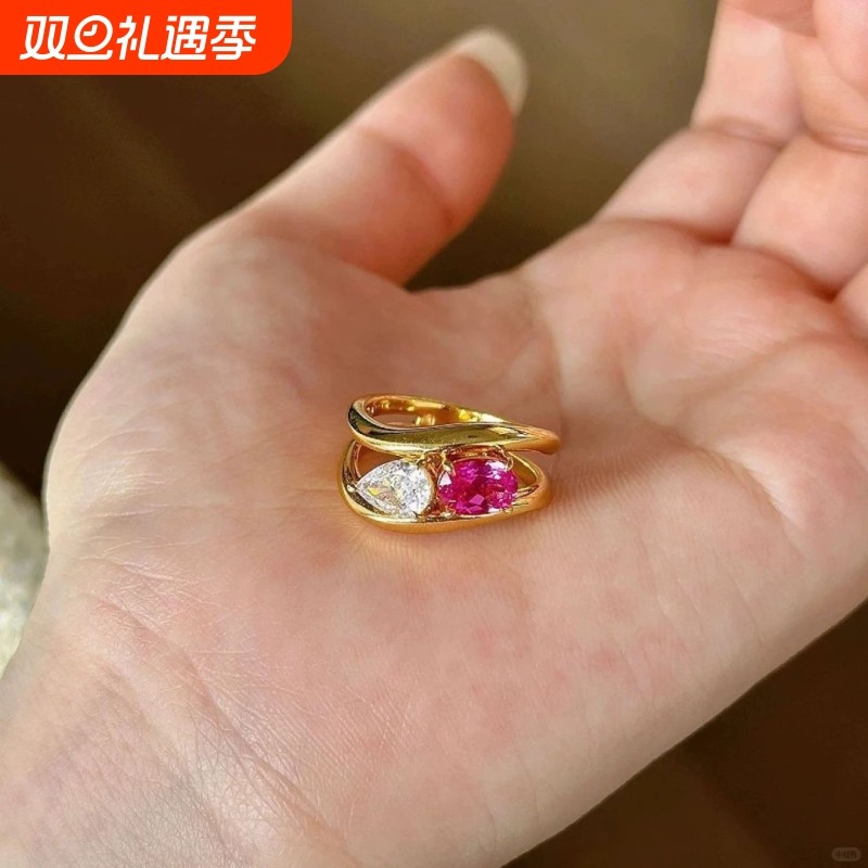 波浪红刚玉双色彩钻开口戒指女金色小众指环时尚轻奢高级感ins风