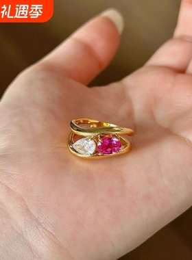 波浪红刚玉双色彩钻开口戒指女金色小众指环时尚轻奢高级感ins风