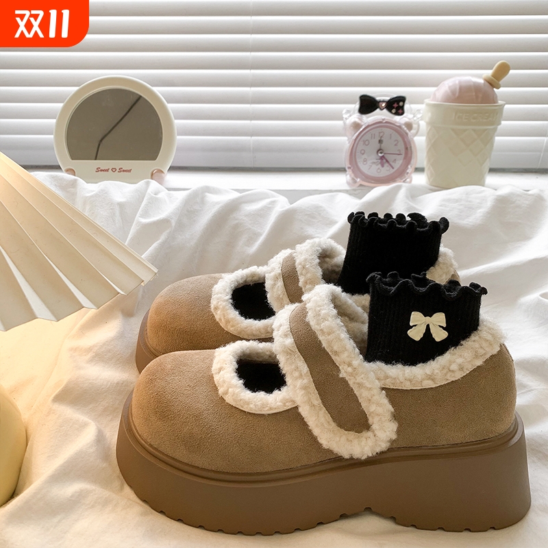 松糕厚底玛丽珍棉鞋女2025秋冬新款加绒毛毛勃肯鞋复古保暖雪地靴