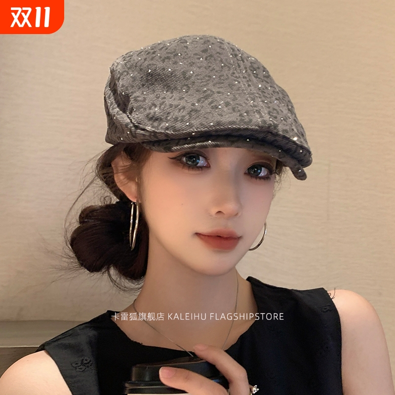 帽子miu系穿搭复古小波点贝雷帽显脸小八角帽灰色白色秋季咖啡色