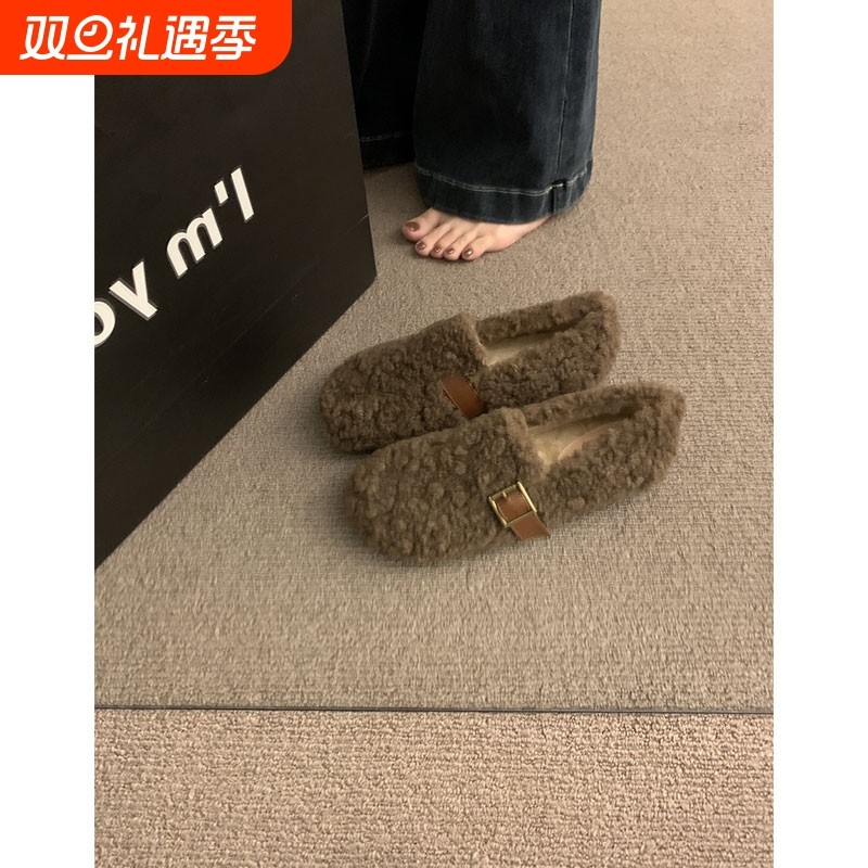 加绒保暖孕妇鞋秋冬外穿一脚蹬防滑乐福鞋软底羊毛羔毛毛鞋单鞋女