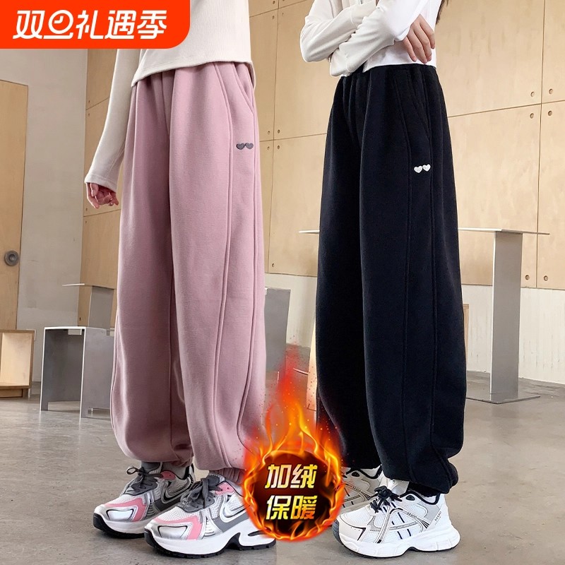 女童加绒加厚裤子2025年秋冬新款儿童休闲运动卫裤黑色中大童长裤