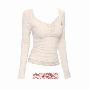 显瘦套头T恤大码 长袖 碎花假两件修身 纯欲辣妹新款 上衣女春秋美式