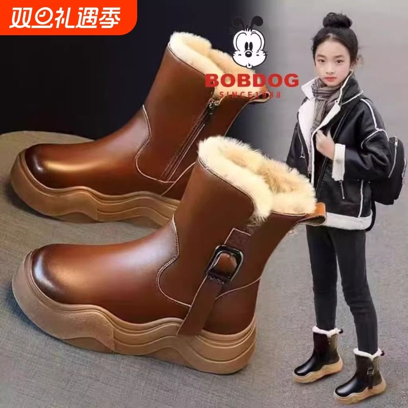 巴布豆2025秋新款雪地靴儿童靴子加绒加厚棉鞋冬季棉靴防滑抗寒