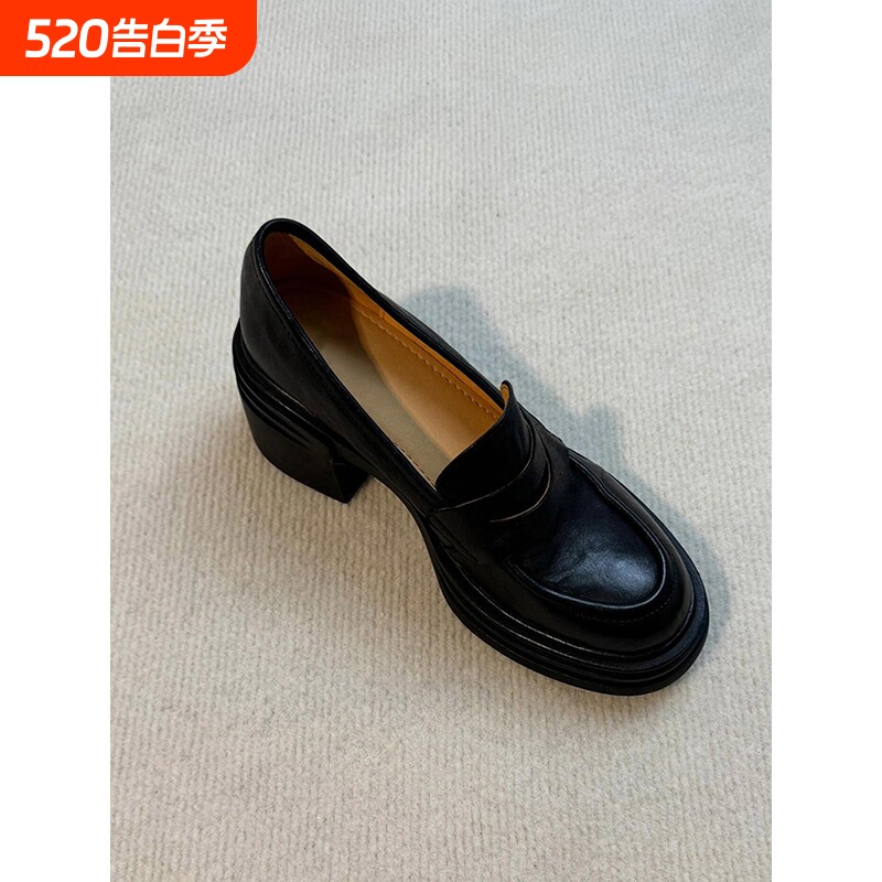 羊皮版~真皮厚底粗跟乐福鞋女增高一脚蹬小皮鞋黑色圆头复古鞋子