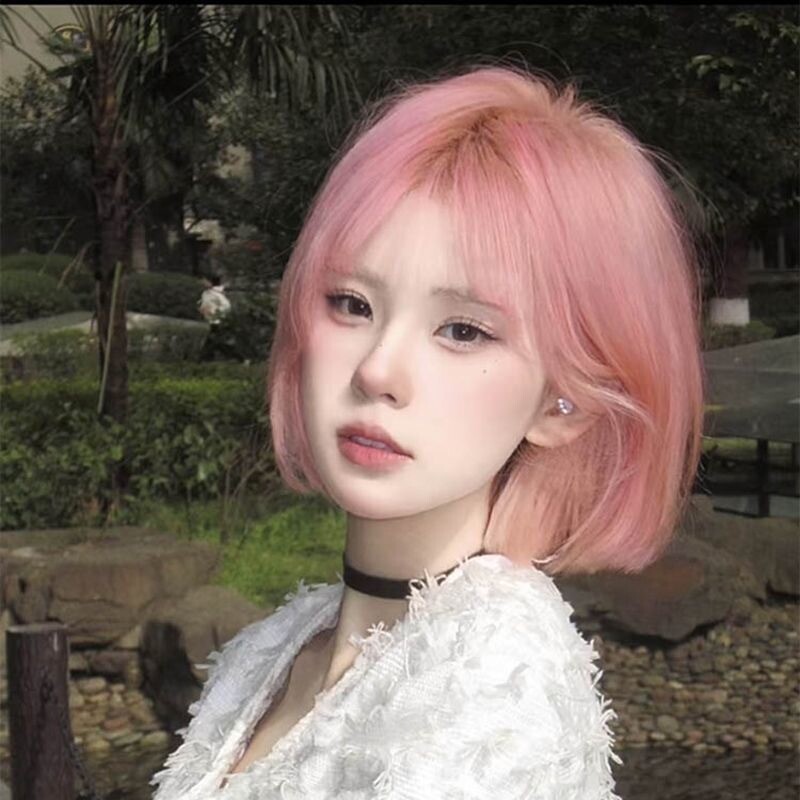 网红假发短发女自然全头套粉色齐刘海圆脸减龄波波头仿真短款造型图片