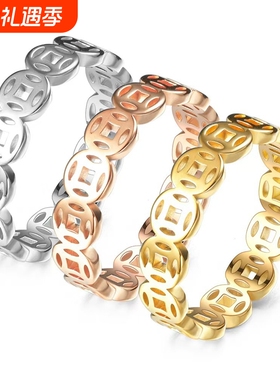 钱多多钛钢戒指铜钱女男士情侣食指对戒小众设计轻奢高级感不掉色