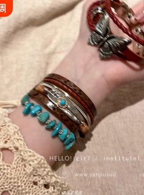 波西米亚异域民族风蝴蝶手链女重工复古叠戴绿色皮革编织绳手饰