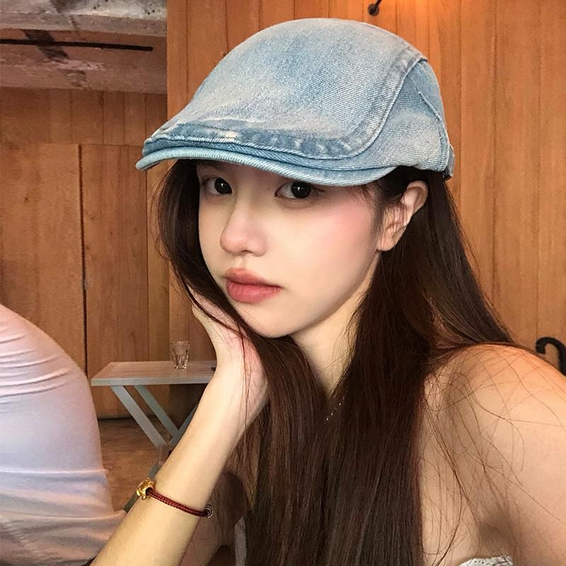 韩版复古水洗牛仔前进帽女春夏百搭大头围显脸小反戴鸭舌贝雷帽子