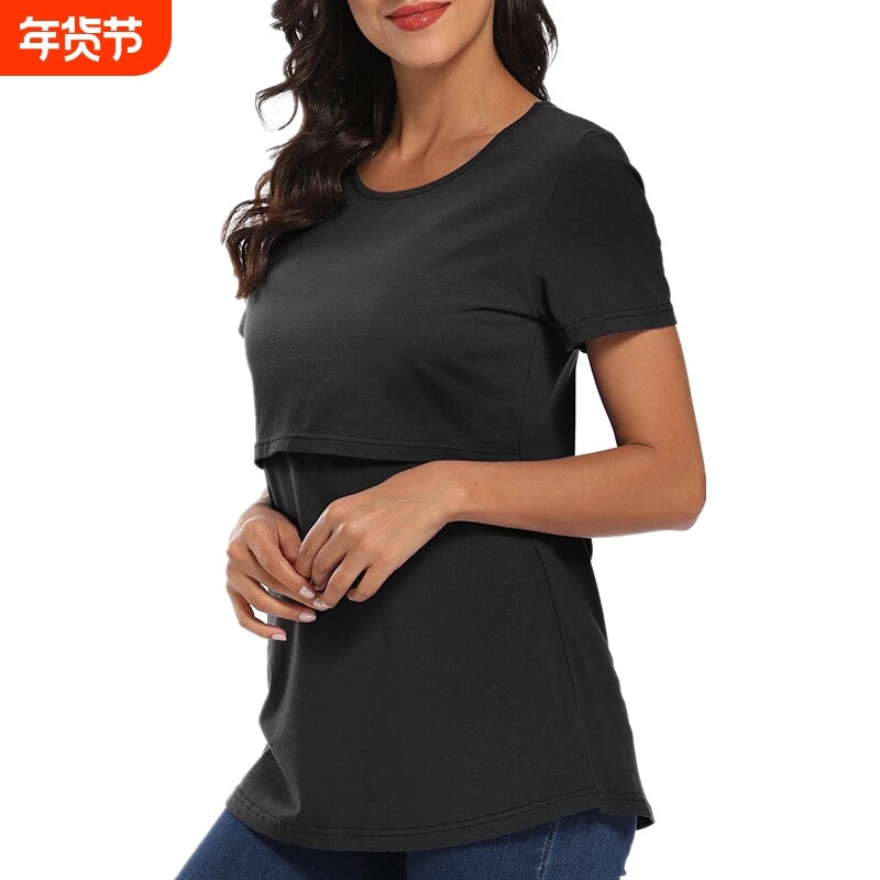 欧美哺乳衣外出辣妈款孕妇上衣夏季打底衫喂奶t恤孕妇短袖月子服