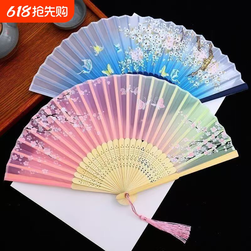 扇子折扇中国风夏天儿童折叠舞蹈扇古风汉服旗袍便携随身竹扇绢布