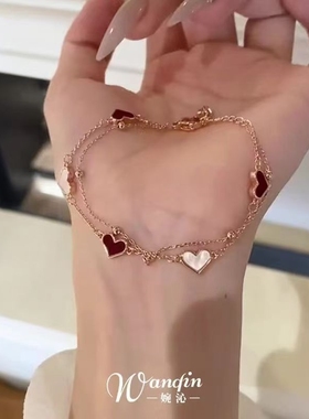 「心心相依」韩系撞色爱心双层手链轻奢精致高颜值叠戴手饰女