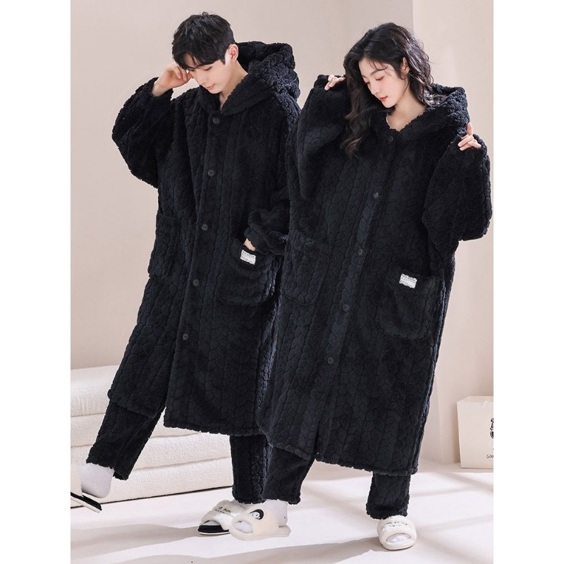 红豆秋冬季珊瑚绒连帽情侣睡衣男加绒加厚浴袍韩版可爱大码睡袍女