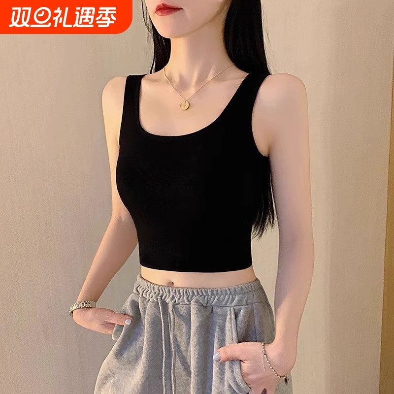 纯棉黑色小吊带背心女内搭u型美背上衣外穿短款打底衫全棉贴身
