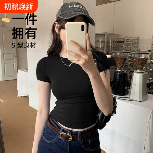 双面呼吸透气健身短袖女圆领收腰短款裸感面料户外瑜伽运动上衣