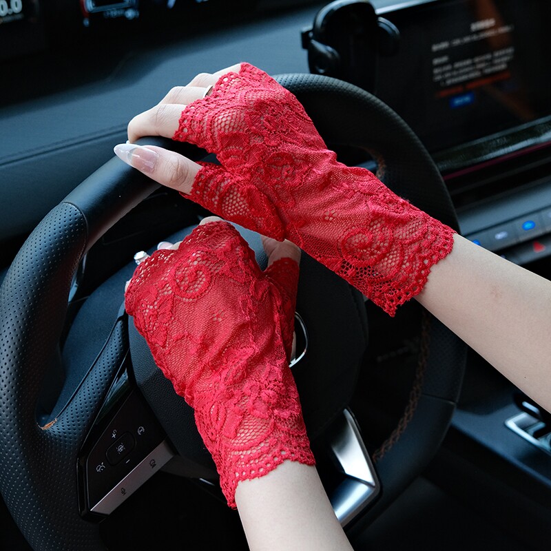 半指防晒手套女弹力蕾丝夏季薄款开车骑行防紫外线遮疤痕露半截指
