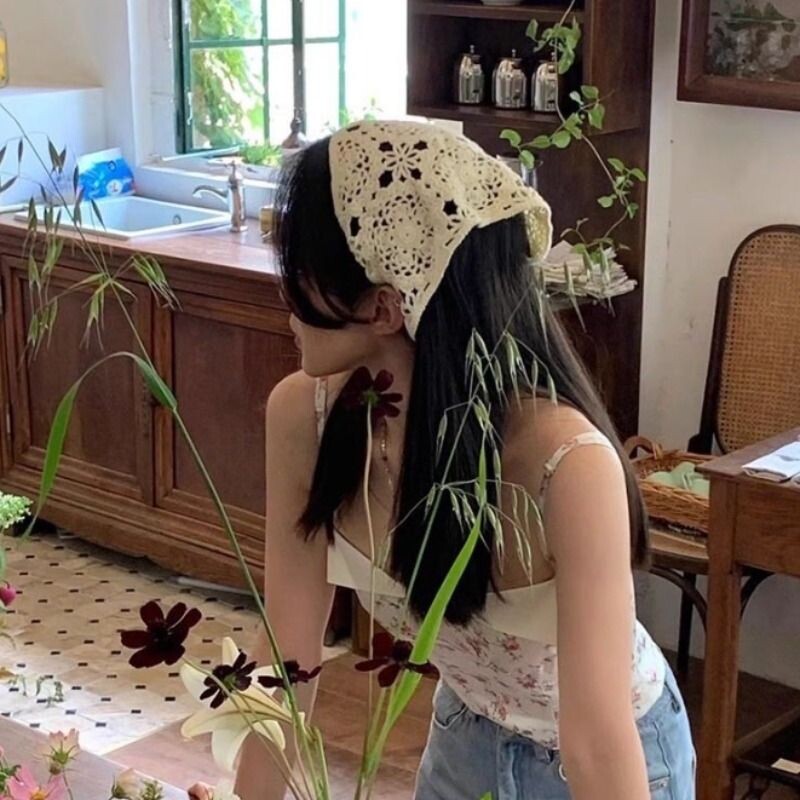 头巾三角巾针织女田园风2026新款法式头饰网红同款包头钩花发带