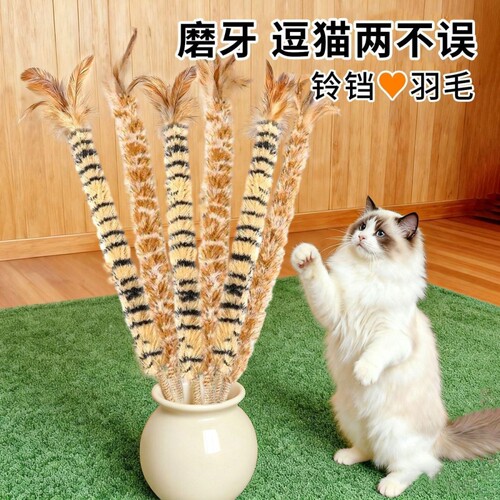 羽毛逗猫棒鸡毛掸子逗猫玩具鸵鸟毛长杆带铃铛耐咬磨牙剑逗猫杆