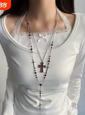 欧美时尚哥特辣妹y2k长款红色串珠十字架叠戴项链毛衣链个性配饰