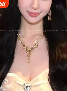 千金琉璃~金色水滴项链女轻奢名媛耳环夸张晚宴礼服配饰花朵镀金