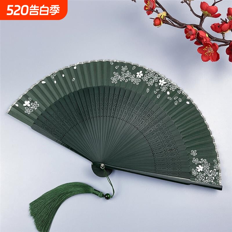 扇子夏天便携古风绿色折扇女式随身古典中国风汉服旗袍折叠小扇子