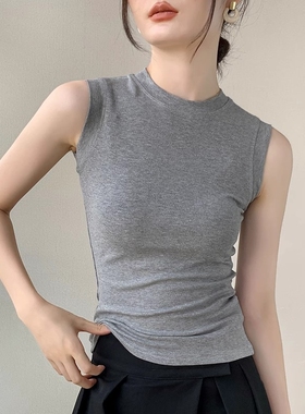小圆领吊带背心女夏外穿2025新款显瘦灰色无袖打底上衣潮半高领