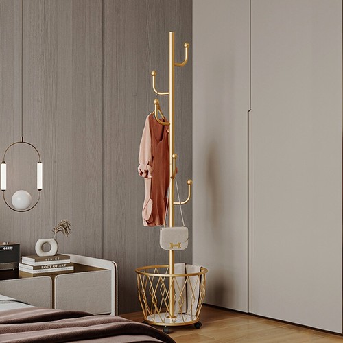 带轮衣帽架落地卧室家用移动衣服架子脏衣篓多功能收纳铁艺挂衣架