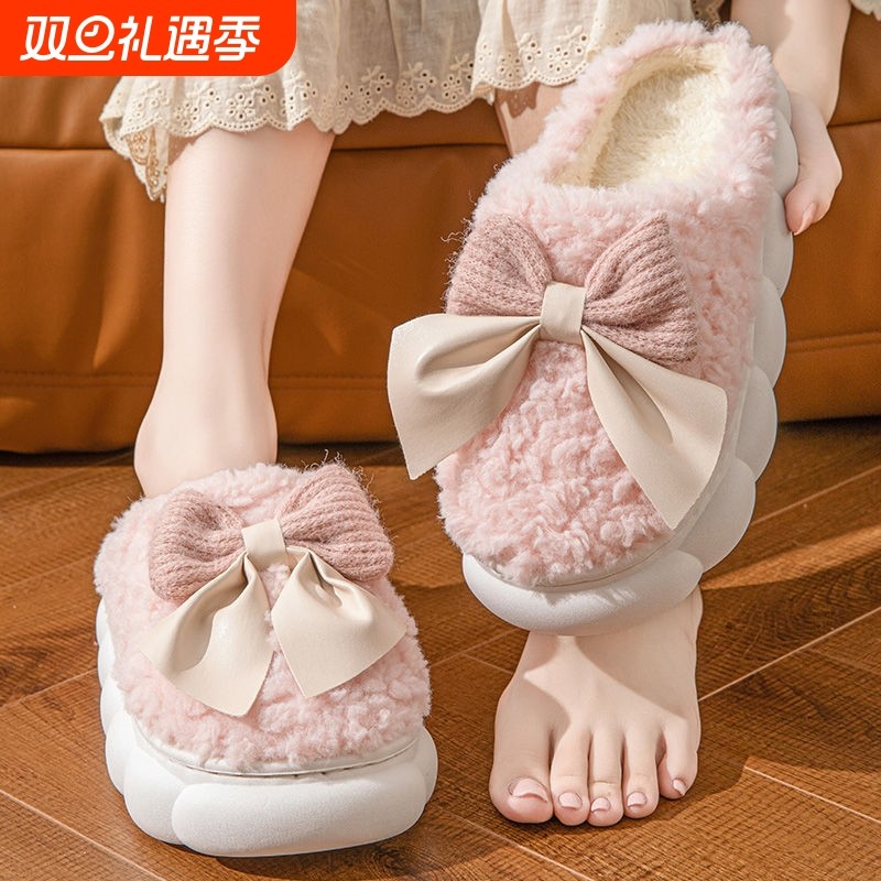 秋冬季棉拖鞋蝴蝶结月子鞋女士加厚防滑居家防滑棉鞋毛绒包跟棉拖