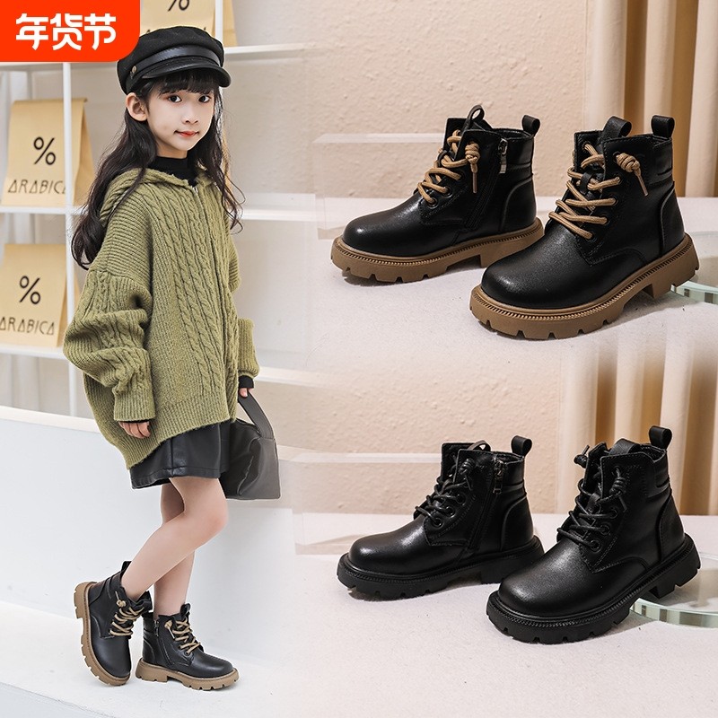 巴布豆儿童马丁靴2025新款童靴中大童黑色女短靴软底女童真皮靴子