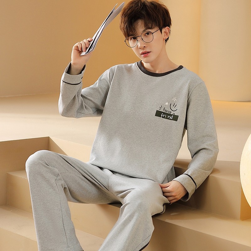 睡衣男春秋季棉质长袖宽松大码中青年家居服秋天简约圆领两件套装