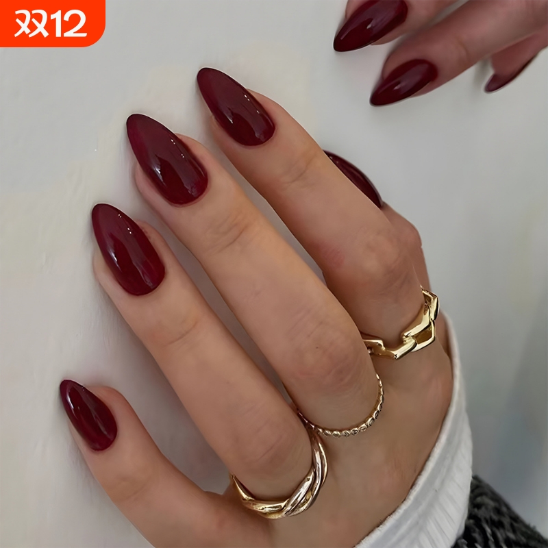 30片简约穿戴甲片 酒红色纯色甲片美甲 外贸优雅气质指甲贴片