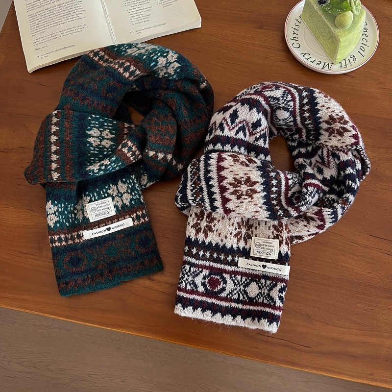 复古费尔岛提花针织围巾男女冬季时尚撞色毛线围脖含羊毛高级感潮