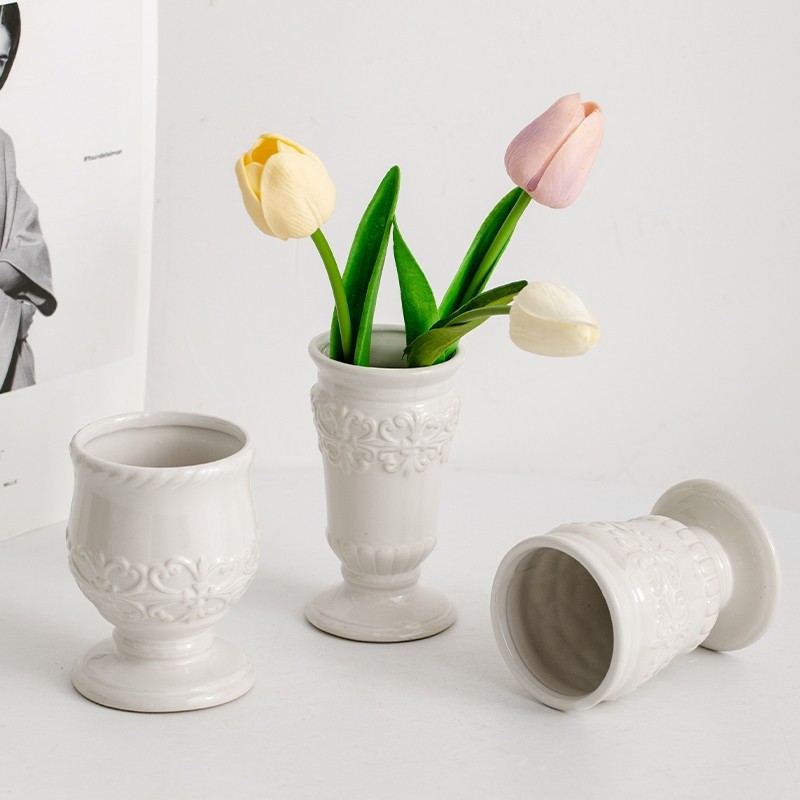 复古浮雕北欧陶瓷花瓶装饰干花客厅电视柜餐桌大口径水培插花摆件