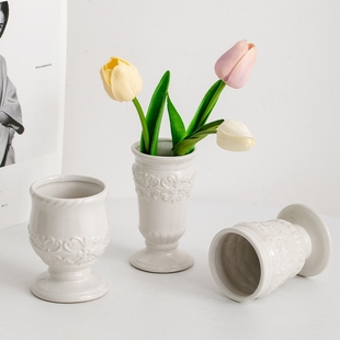 复古浮雕北欧陶瓷花瓶装 饰干花客厅电视柜餐桌大口径水培插花摆件