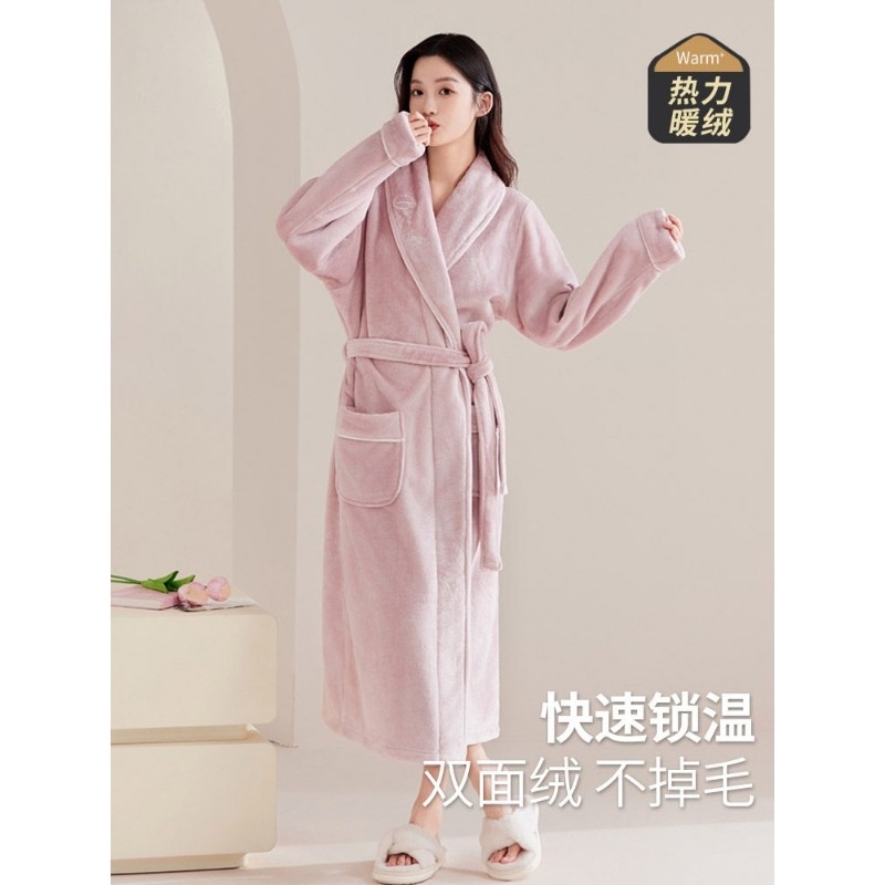 红豆睡袍女冬季新款睡衣法兰绒秋冬浴袍男女高级感珊瑚绒加绒加厚