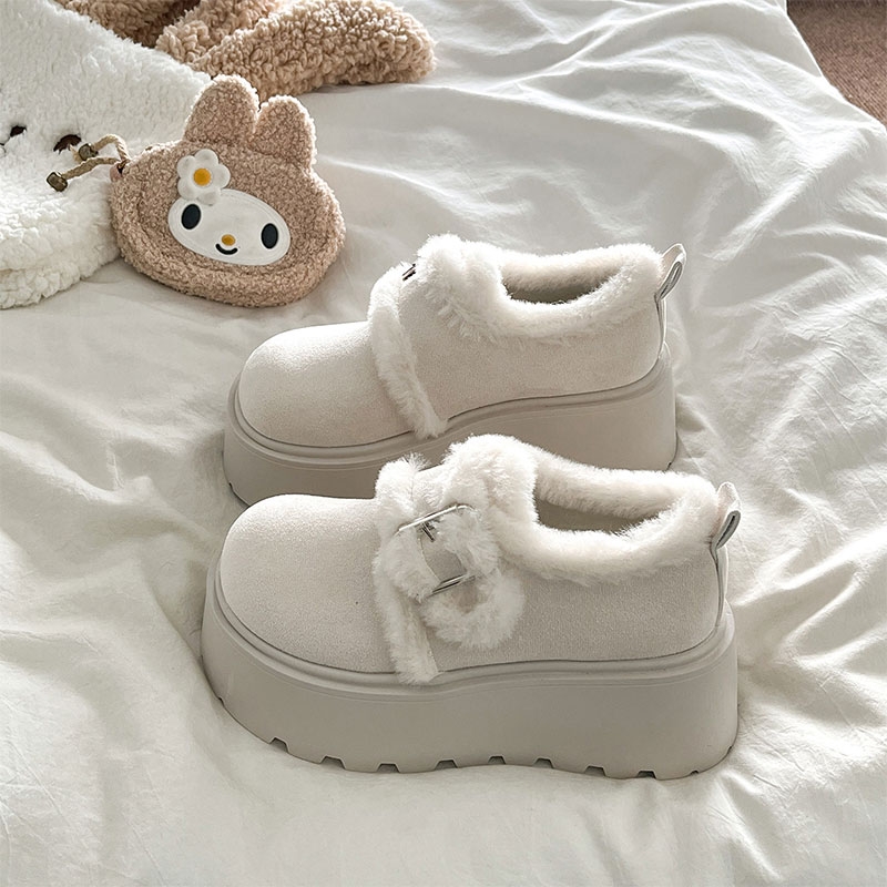 白色松糕厚底加绒保暖勃肯鞋女2025秋冬季新款增高雪地靴毛毛棉鞋