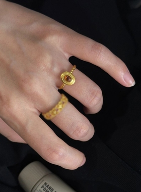 中古vintage金色镶嵌红色石头戒指女小众指环猫眼石轻奢宫廷高级