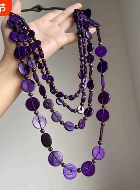 古着波西米亚紫色圆形椰壳项链欧美复古轻奢气质百搭锁骨链颈链