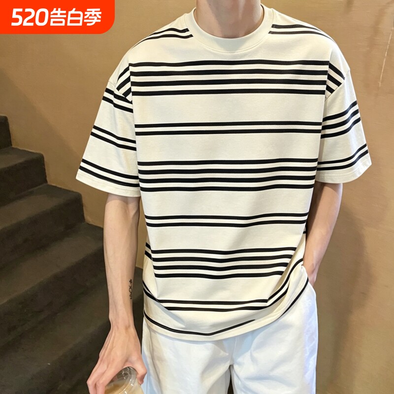 夏季新款2026条纹短袖t恤男上衣ins潮流半袖体恤美式男士宽松