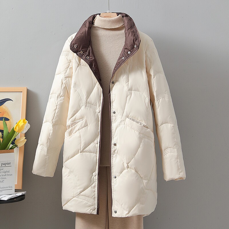 新款祥云羽绒服女中长款轻薄立领宽松白鸭绒秋冬轻便外套潮薄款