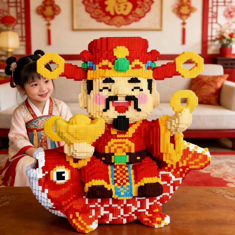 2026年巨大锦鲤财神爷积木益智拼搭儿童玩具立体模型摆件生日礼物