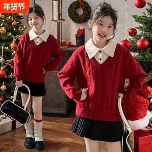 韩版学院风假两件POLO领针织衫毛衣秋冬新款女童红色保暖洋气上衣