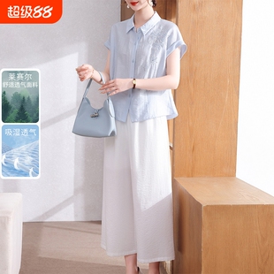妈妈夏季莱赛尔衬衫2026新款洋气女款中老年人短袖上衣两件套衣服